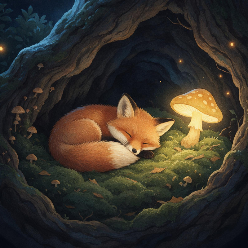 Ember, a little red fox, sleeping in a mossy tree hollow